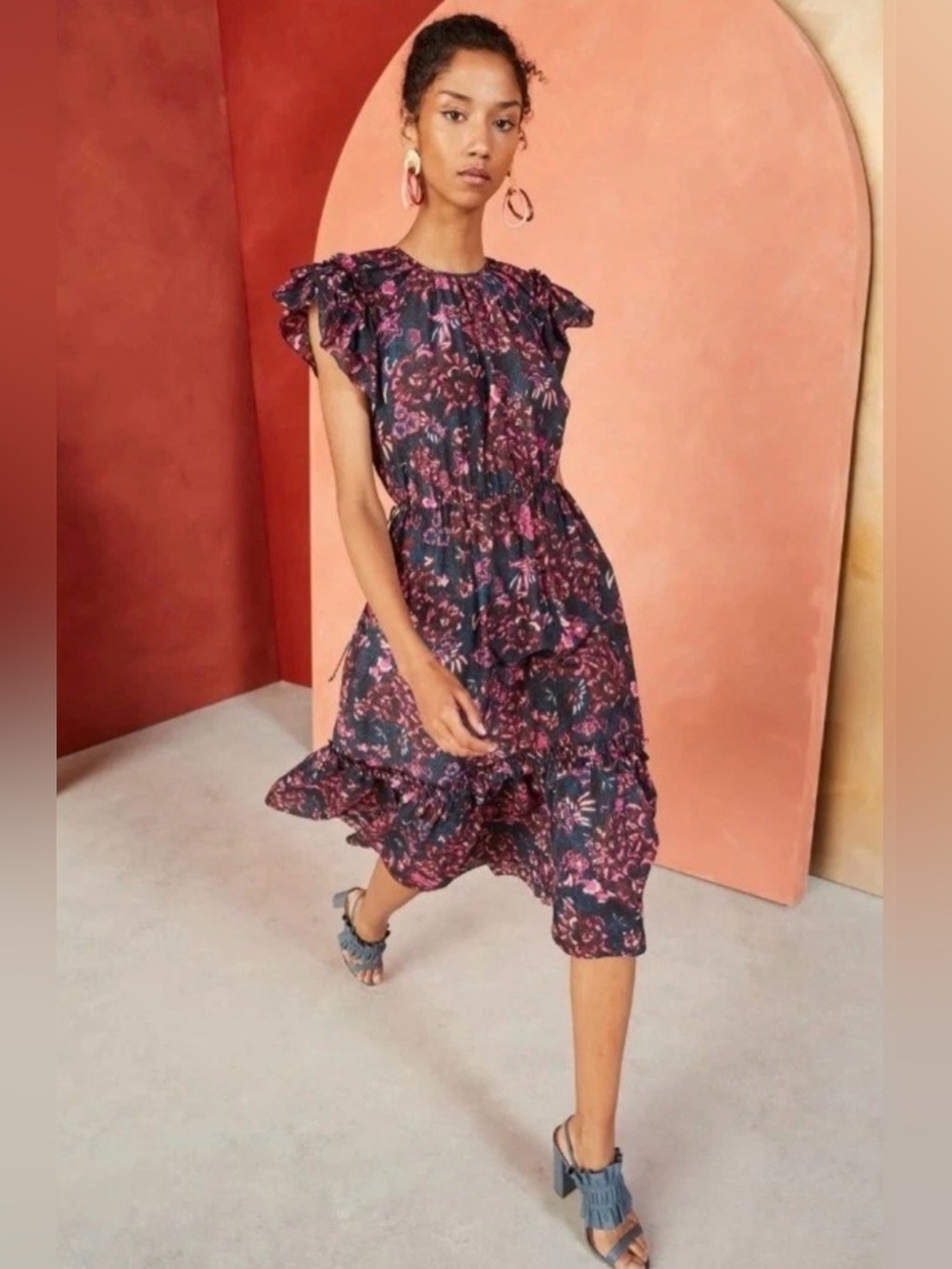 Ulla Johnson Arlene Maxi Dress Navy Blue Pink Floral Flutter Sleeve Tiered Sz 0 - Picture 6 of 8